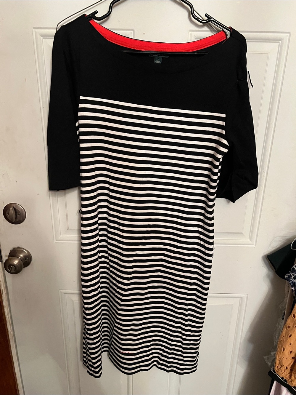 Lauren Ralph Lauren Black & White Striped Midi Dress with Red Neckline